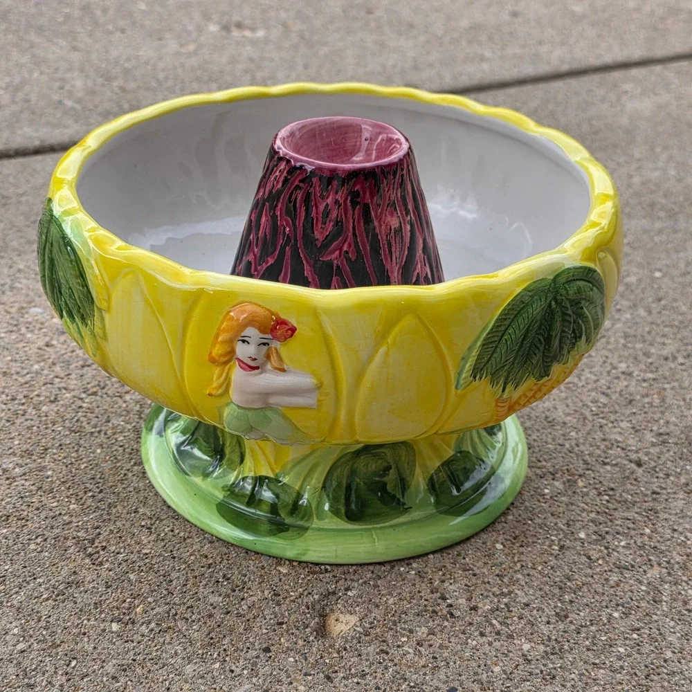 Vtg Tiki Bowl Volcano Ceramic 48oz Hula Girl Palm Tree Luau Party hawai scorpion